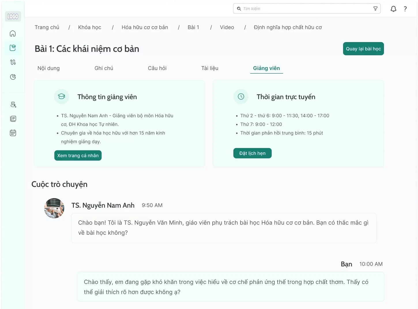 Chức năng lên lịch hẹn và chat với giảng viên